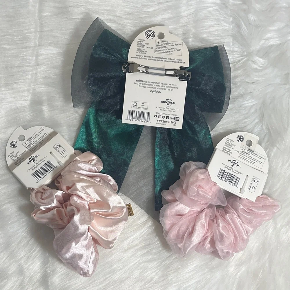 NWT Wicked Scunci Elegant Green Bow and Pink Scrunchies Set